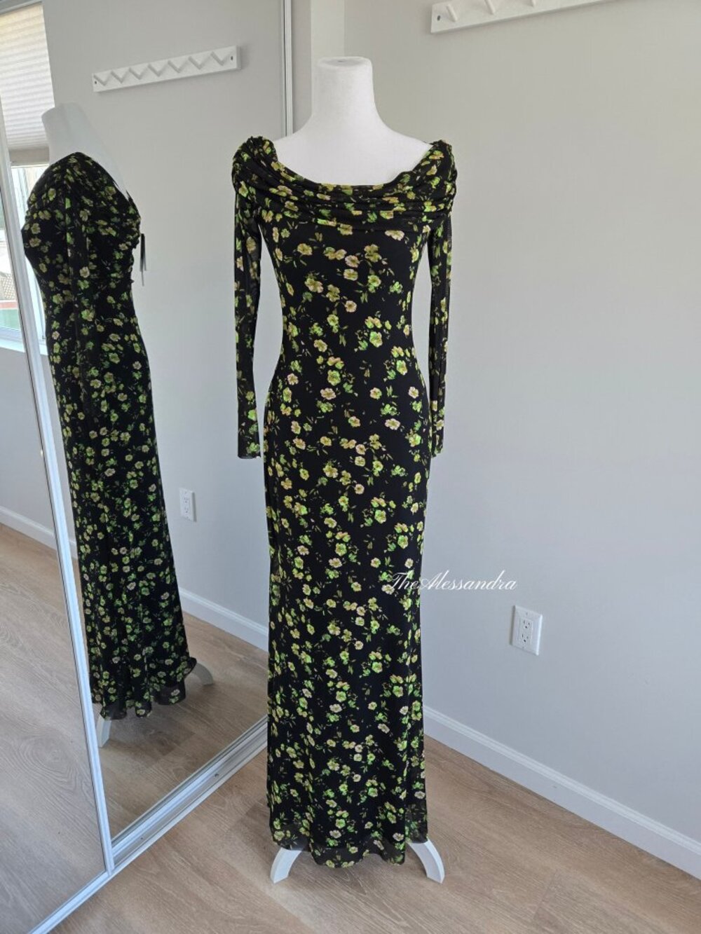 AFRM Off Shoulder Mesh Floral Long Sleeve Maxi Dress Black NWT Size Medium $128